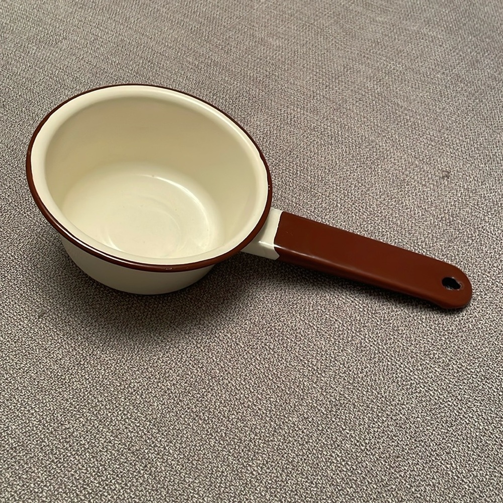 Vintage Enamelware 2 Cup Sauce Pan Brown & Off White Farmhouse